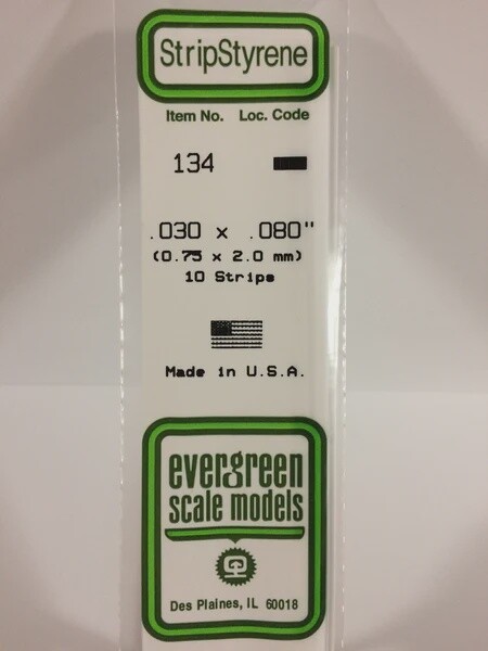 Evergreen 134 .030 x .080" Polystyrene Strips 10-Pack