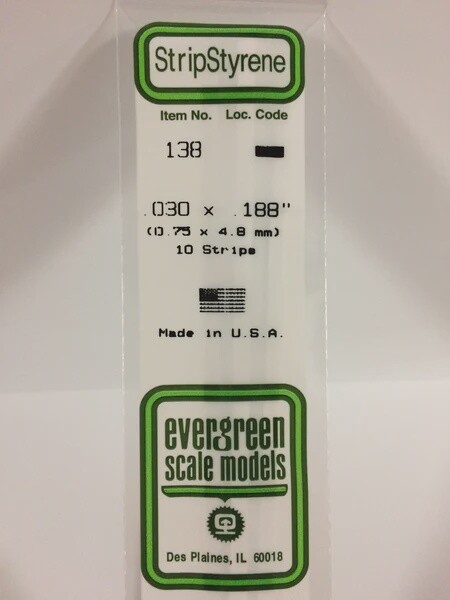 Evergreen 138 .030 x .188" Polystyrene Strips 10-Pack