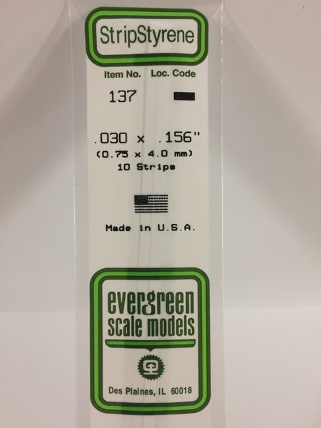Evergreen 137 .030 x .156" Polystyrene Strips 10-Pack
