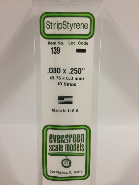 Evergreen 139 .030 x .250" Polystyrene Strips 10-Pack