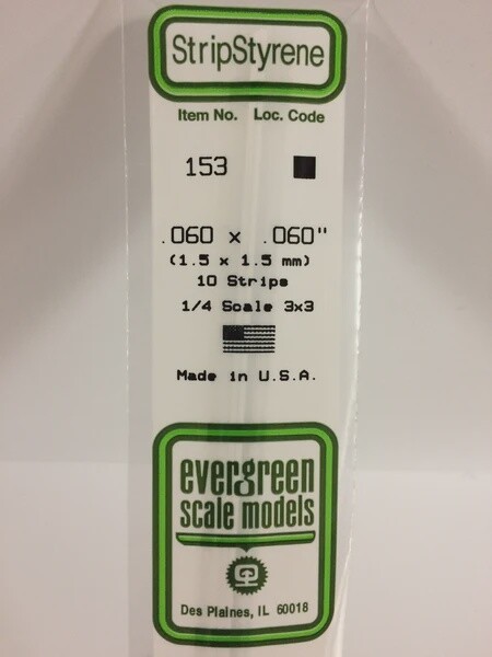 Evergreen 153 .060 x .060" Polystyrene Strips 10-Pack