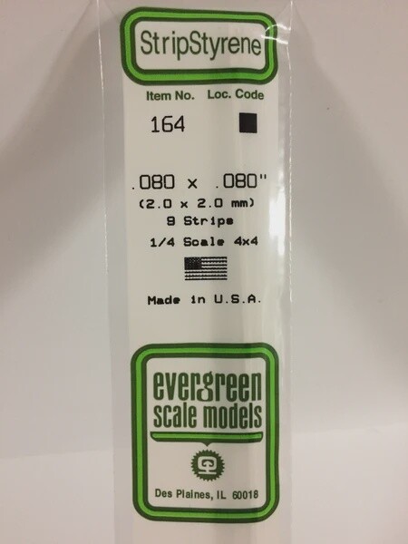 Evergreen 164 .080 x .080" Polystyrene Strips 9-Pack