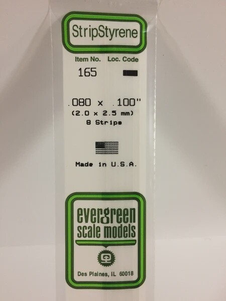 Evergreen 165 .080 x .100" Polystyrene Strips 8-Pack