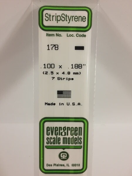 Evergreen 178 .100 x .188" Polystyrene Strips 7-Pack