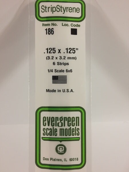 Evergreen 186 .125 x .125" Polystyrene Strips 6-Pack