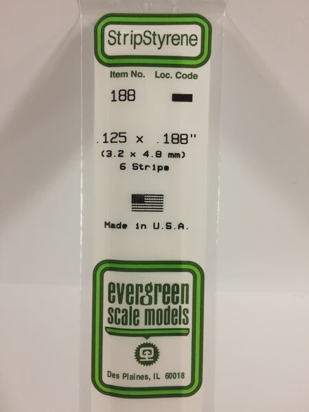 Evergreen 188 .125 x .188" Polystyrene Strips 6-Pack