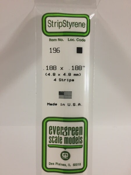 Evergreen 196 .188 x .188" Polystyrene Strips 4-Pack