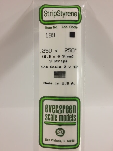 Evergreen 199 .250 x .250" Polystyrene Strips 3-Pack