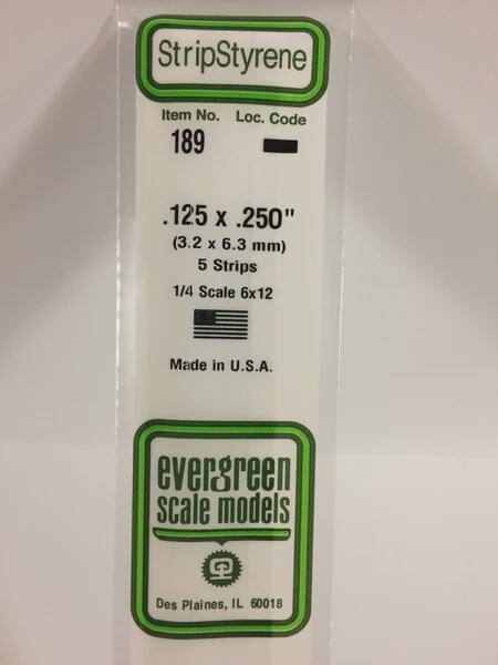 Evergreen 189 .125 x .250" Polystyrene Strips 5-Pack