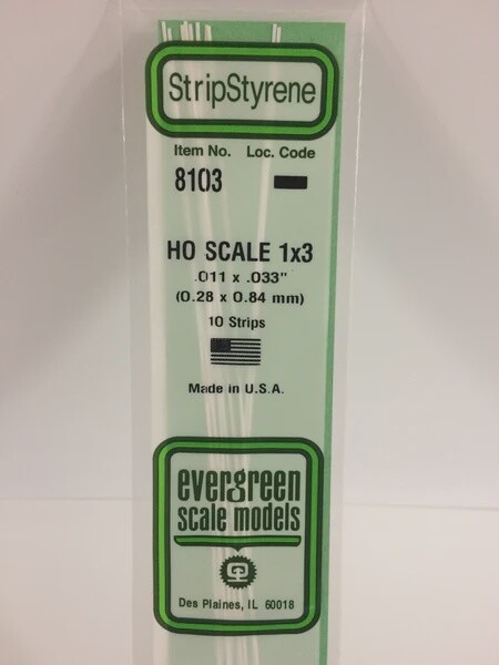 Evergreen 8103 HO .011 x .033" Polystyrene Strips 10-Pack