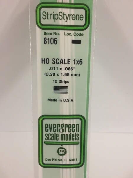 Evergreen 8106 HO .011 x .066" Polystyrene Strips 10-Pack