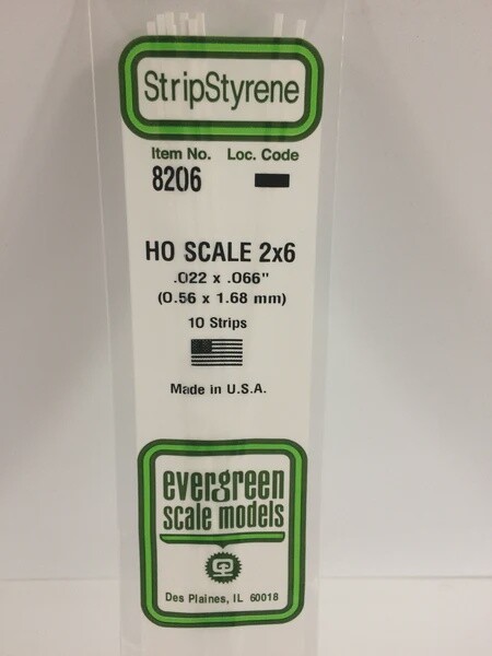 Evergreen 8206 HO .022 x .066" Polystyrene Strips 10-Pack