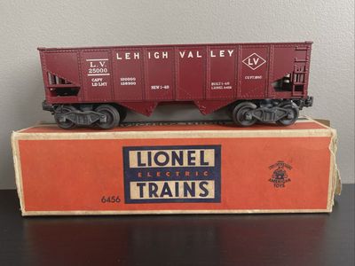 Used O Lionel 6456 Ga Lehigh Valley LV 25000 Dark Red 2-Bay Hopper Car w/Box Train RR