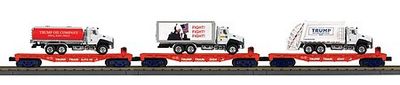 MTH O 3070150 Trump 3pk Flatcars w/Truck Loads