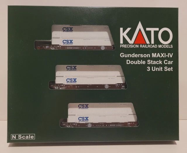 Used N Kato 106-6186  Gunderson MAXI-IV Double Stack Car BNSF Logo w/ CSX Containers (3 pack)