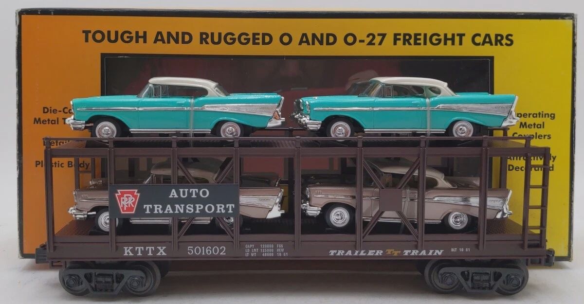 Used O MTH 30-76506 Pennsylvania Auto Flat Car Carrier w/4 - 57&#39; Chevy Belair