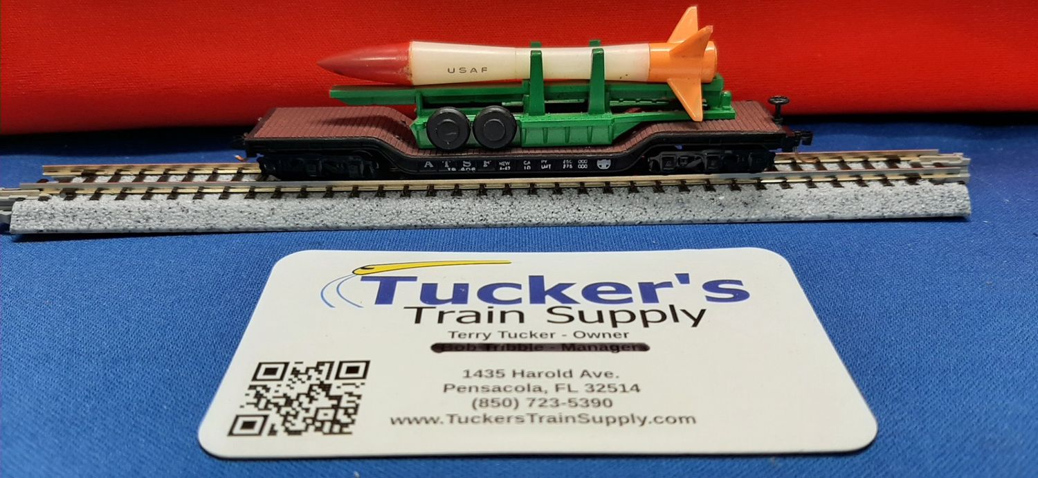 Used N Bachmann 52' Depressed Center Flat Cat w/Air Force Missle Road #ATSF 98406