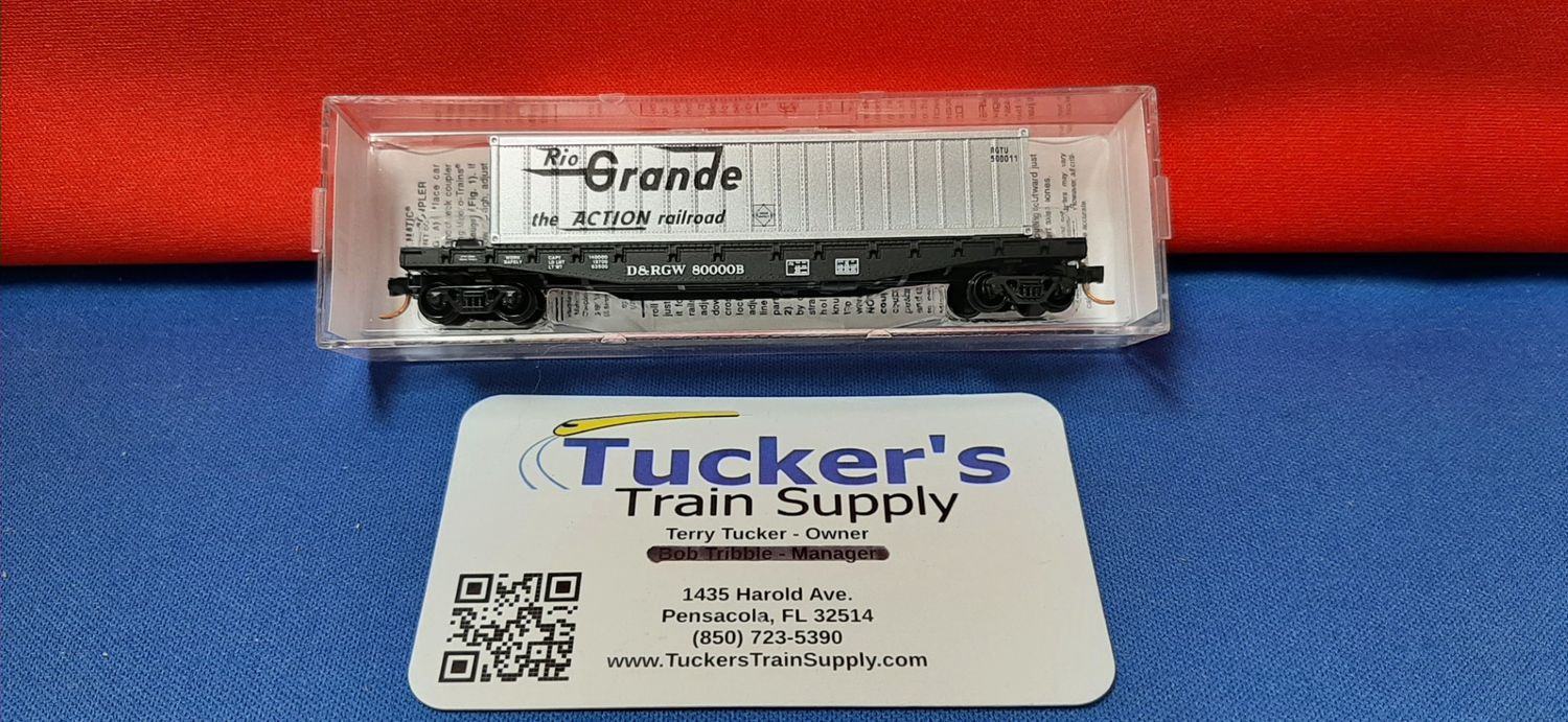 Used N Micro-Trains 04500512 D&amp;RGW 50' Flat Car, Fishbelly Side, w/Side Mount Brake Wheel w/Container &amp; Opening Doors on Container Car # 80000B