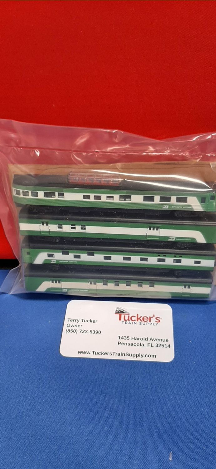 Used N Con-Cor "Burlington Northern" Passenger Trains - 4 Car set-Mising trucks-SOLD AS IS  No Warranty