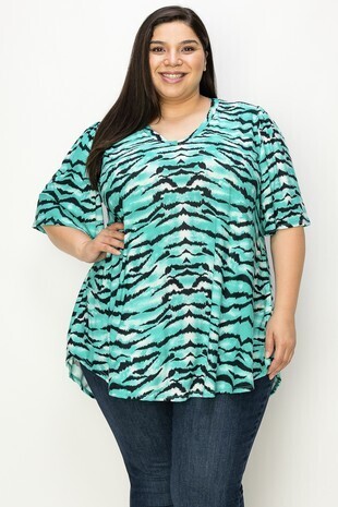 Curvy Animal Print V Neck, Color: TEAL, Size: 1X