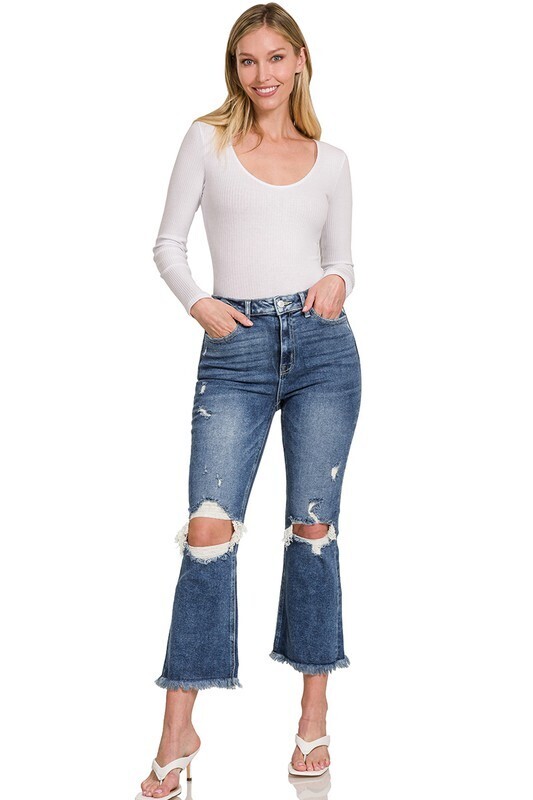Zenana Distressed Crop Flare DTP-1903DD