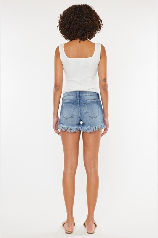 Kan Can Mid Rise Fray Hem Shorts KC9214QZM, Color: Medium Wash, Size: SMALL