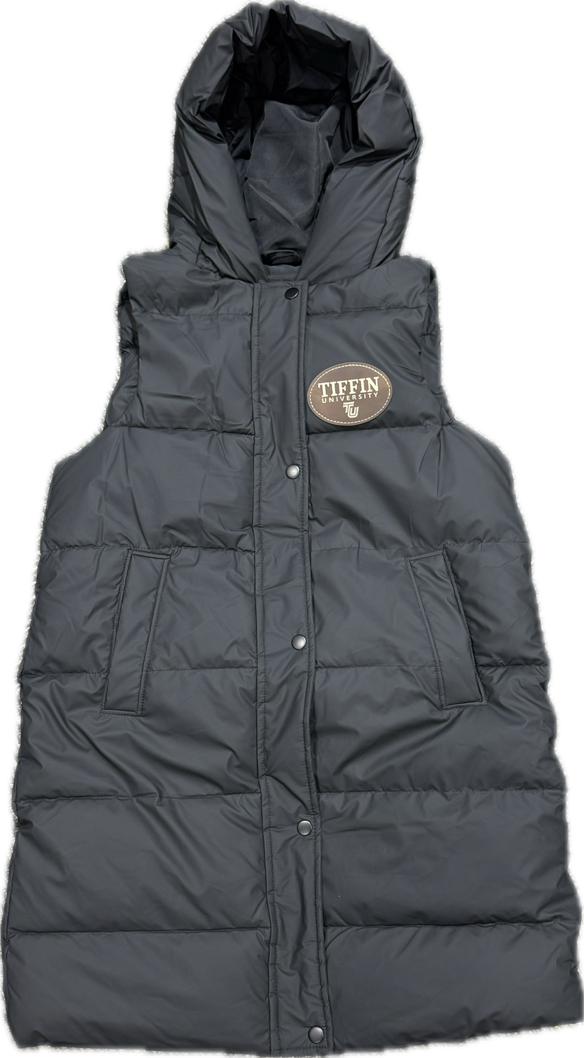 Hooded long quilted puffer vest