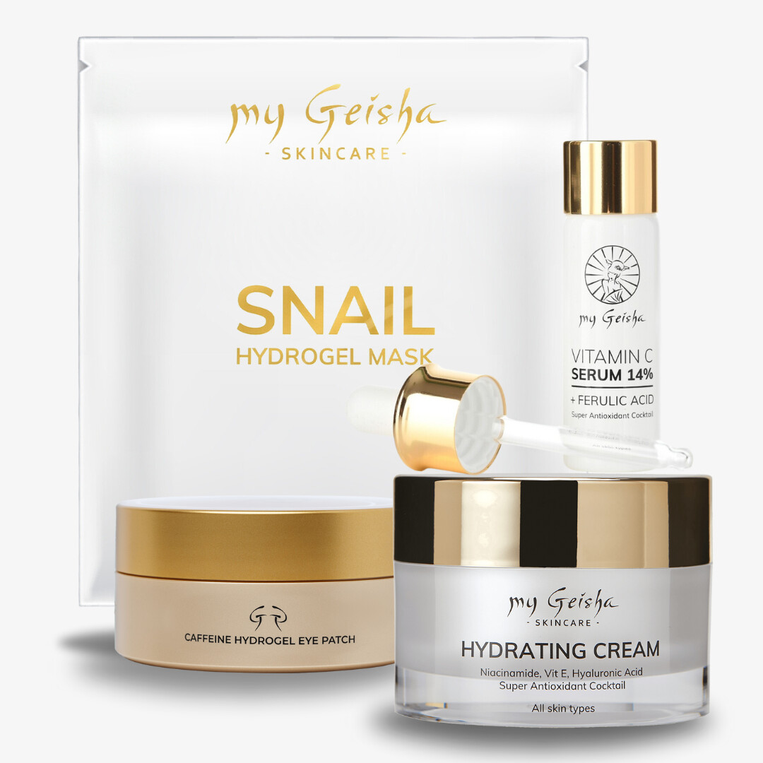 The image shows a group of perfume bottles along with text describing various skincare products from a brand called &quot;my Geisha.&quot; The products include a Snail Hydrogel Mask, Vitamin C Serum, Caffeine Hydrogel Eye Patch, and Hydrating Cream, among others. The products are part of a premium Korean skincare line from my Geisha based in Milton Keynes, UK.