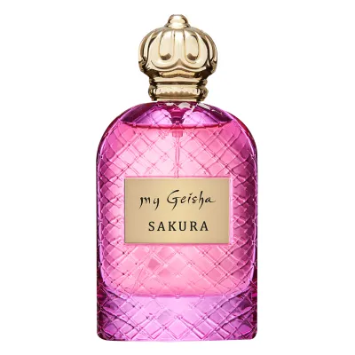 The image is of a pink luxury perfume bottle with a gold label that has engraved in black letters &quot;my Geisha SAKURA.&quot; The bottle features a gold cap with arabic pattern. The size of the bottle is 100ml and belongs to my geisha Milton Keynes UK Collection. The additional context provides information about the perfume called &quot;my Geisha Sakura Extrait de Parfum&quot; and related tags include toiletry, perfume, bottle, cosmetics, spray, solution, and purple. Other Keywords refer to &quot;my geisha musk UK &quot;, &quot;my geisha parfum &quot; , my geisha perfume review &quot;, and &quot;my geisha fragrantica&quot;