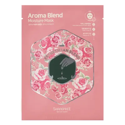 my Geisha Shangpree Aroma Blend Moisture Mask Sheet package with pink border and floral design, featuring a hand squeezing a dropper over a green background, and labeled &quot;Esthetician Blend.