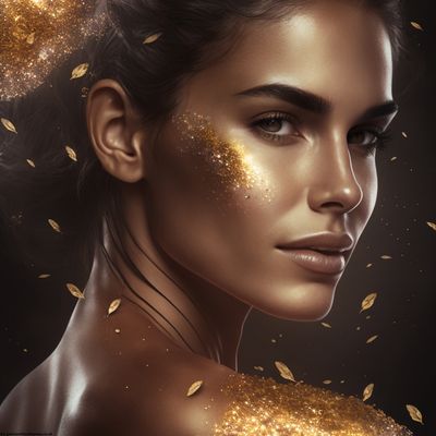 This is a portrait of a woman adorned with gold makeup and glitter, emphasizing her beauty and allure. The soft lighting and warm gold tones suggest a sense of luxury and opulence. The falling gold leaves add a touch of whimsy and suggest a connection to nature, further enhancing the overall image of elegance and sophistication. My Geisha Uk parfum price