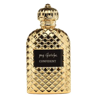 The photo is of a gold luxury perfume bottle with a black label and golden letters . The description on the label mentions a perfume called &quot;my Geisha Confident.&quot; The image is tagged with &quot;perfume,&quot; &quot;toiletry,&quot; and &quot;bottle.&quot; The additional context mentions &quot;my Geisha Confident Extrait de Parfum,&quot; a premium perfume fragrance from Milton Keynes, UK.