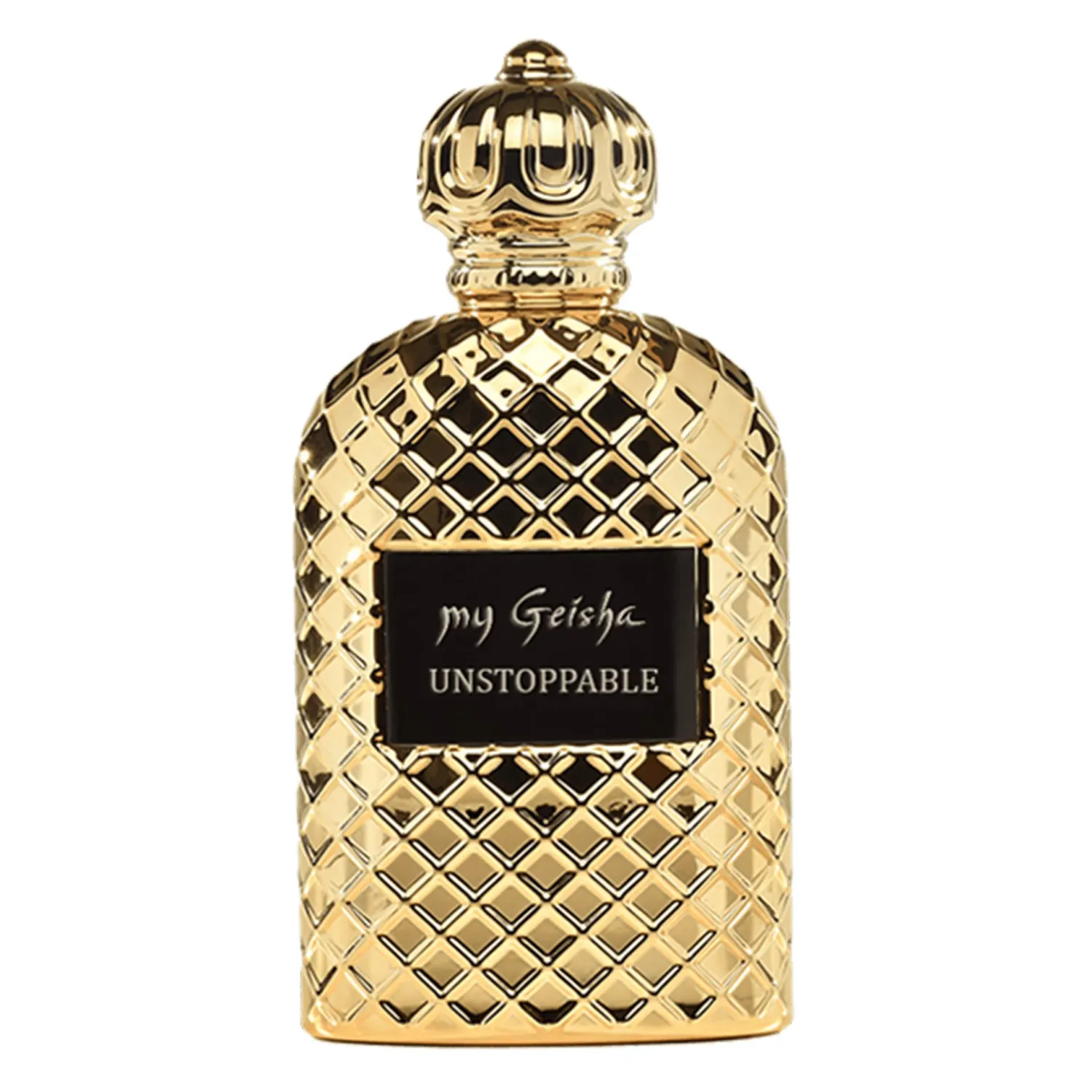 The image is of a gold luxury perfume bottle, bell shaped , with a gold cap engraved with gold arabic pattern and a center black matte label that has engraved in gold letters the text &quot;my Geisha&quot; and &quot;UNSTOPPABLE.&quot; The tags include luxury, gold, perfume, toiletry, fragrance and bottle. Additional context mentions &quot;my Geisha Unstoppable Extrait de Parfum,&quot; &quot;my geisha UK,&quot; &quot;my geisha musk,&quot; &quot;my geisha parfum,&quot; and &quot;my geisha perfume price.&quot;