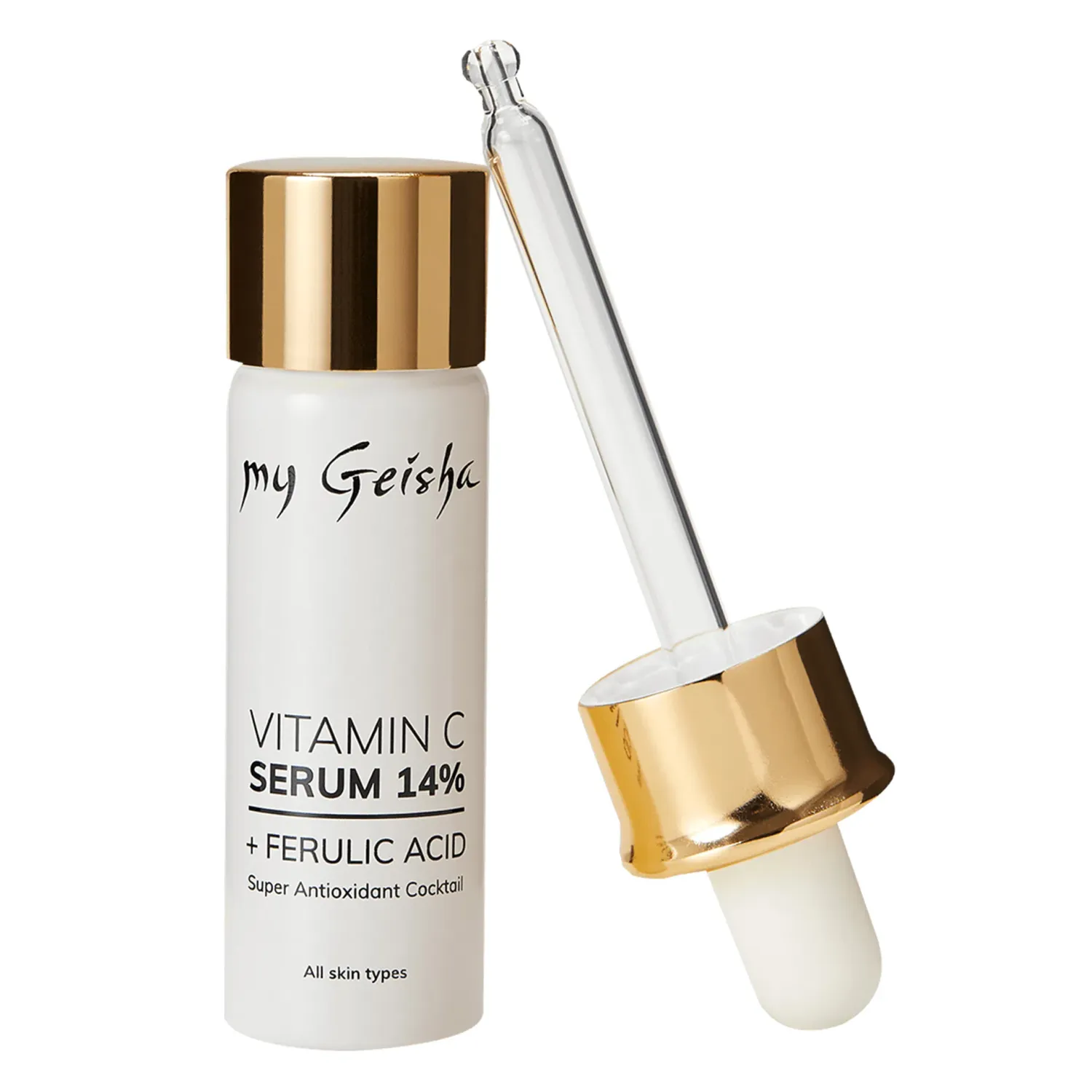 my Geisha Vitamin C Serum 14%

Vitamin C Serum 14% + Ferulic Acid 0,5 fl.oz/15 ml

Strong anti-wrinkle serum with 14% pure Vitamin C (ascorbic acid), ferulic acid and antioxidant cocktail. This premium serum leaves the skin smoother and brighter, and fine lines and wrinkles are visibly reduced over time. Vitamin C is a very effective antioxidant ingredient, studies show that, when used regularly, it blurs fine lines, restores skin&#39;s brightness, evens out skin tone and protects it. Reduces the appearance of pigmentation spots, evening out skin tone, giving it extra lightness. Protects the skin from inflammation and stimulates the production of collagen, helping the epidermis to recover, minimizing irritation and signs caused by rash or acne.

For: Unisex
Size: 15 ml