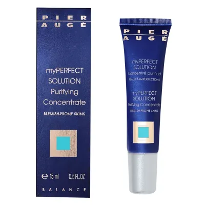 Pier Auge Myperfect Solution Purifying Concentrate

Concentrate for imperfections, suitable for acne-prone skin, 15 ml

Pier Augé Myperfect Solution is a purifying concentrate enriched with ingredients that have antibacterial properties, effectively treating imperfections, rashes, blackheads, pustules and inflammation. Suitable for acne-prone skin, this concentrate is also called &quot;the new bodyguard&quot; for acne skin, because it has an antibacterial effect but also restorative ingredients that speed up healing: Petitgrain essential oil, Tea tree essential oil, vegetable oils (macadamia &amp; jojoba), lotus flower extract and senna seed extract. For flawless, beautiful and healthy skin!

Skin type: Oily skin | Combination skin
Routine: Day routine | Evening routine
Skin concerns: Acne | Blackheads | Dilated pores | Excess sebum | Imperfections
For: Unisex
Size: 15 ml

