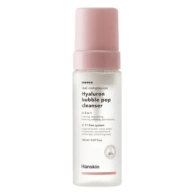 Hanskin Real Complexion Hyaluron Bubble Pop Cleanser

Hanskin Real Complexion Hyaluron Bubble Pop foam cleanser (150 ml) dissolves impurities and hydrates the skin. Formulated with two types of hyaluronic acid, it is suitable for all skin types and produces a dense foam that effectively cleanses the skin using natural soap bark extract. Thoroughly removes impurities without drying the skin.

Benefits:
• Sulfate-free foaming cleanser that effectively dissolves impurities and makeup.
• Contains two types of hyaluronic acid for extra hydration.
• Suitable for all skin types.
• Natural soap bark extract cleans thoroughly without drying the skin.
• Provides 5-in-1 benefits: cleansing, moisturizing, balancing, soothing, brightening and improving the overall appearance of the skin.
• Easy to use – hygienic &amp; precise dosing.

Active ingredients:
• Sodium hyaluronate: a form of hyaluronic acid that draws water into the skin.
• Hydrolyzed Hyaluronic Acid: A form of hyaluronic acid that plumps, hydrates and brightens the skin.
• Soap Bark Extract: A natural cleanser that hydrates as it purifies the skin.
• Madecassoside: an anti-inflammatory plant extract that soothes irritations and rashes.

100% clean beauty
• No talc
• Sulfate free
• Silicone free
• No artificial fragrances
• No benzyl alcohol
• pH: 5.5

Skin type: Normal skin | Oily skin | Combination skin | Dry skin | Sensitive skin | Wrinkles and mature skin | All skin types
Routine: Day routine | Evening routine
Skin concerns: Acne | Blackheads | Oily skin | Dilated pores | Excess sebum | Dehydration | Imperfections | Dry skin | Dull skin | Sensitive skin | Firmness
For: Women | Men | Unisex
Size: 150 ml