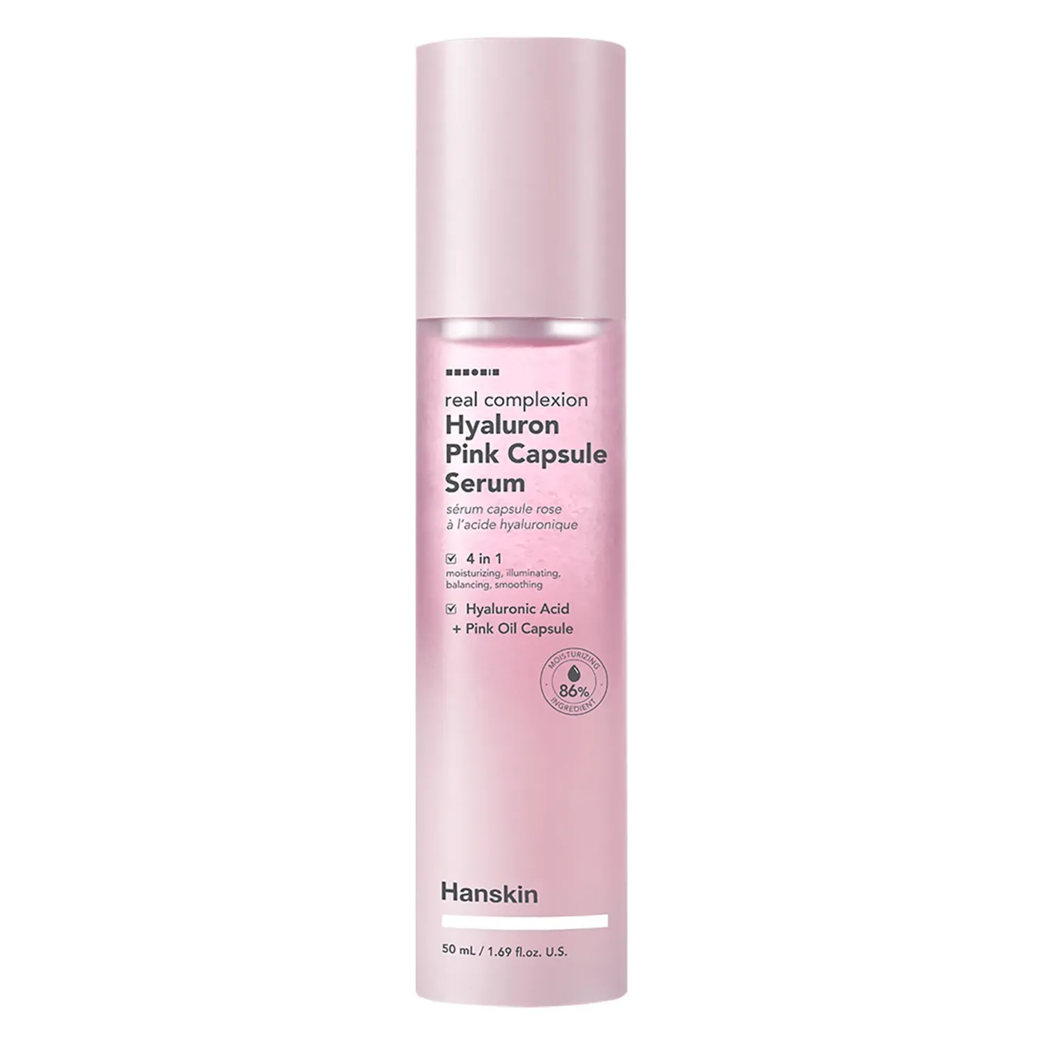 Hanskin Real Complexion Hyaluron Pink Capsule Serum

Hanskin Hyaluron Pink Capsule Serum (50 ml) is a moisturizing serum containing pink oil capsules. These capsules break on contact with the skin, releasing nutrients that effectively hydrate the skin and give it a special glow. Its smooth and silky texture leaves the skin feeling velvety soft.

Benefits:
· Enriched with four moisturizing forms of hyaluronic acid.
· Rose oil capsules release moisturizing nutrients for a natural, radiant look.
· Contains an essential antioxidant - Vitamin B12.
· Provides an extra dose of hydration with sugar cane extract.
· 5-in-1: moisturizing, illuminating, balancing, smoothing and nourishing.
· Easy to apply after cleansing and toning.

Active ingredients:
• Vitamin B12: Nourishes and improves skin, supporting skin cell renewal.
• Sugar cane extract: hydrates and brightens the skin.
• Sodium Hyaluronate: A form of hyaluronic acid that draws water into the skin to keep it hydrated.
• Hydrolyzed Hyaluronic Acid: A form of hyaluronic acid that hydrates and brightens the skin.

100% clean beauty
• No talc
• Sulfate free
• Silicone free
• No artificial fragrances

Skin type: Normal skin | Oily skin | Combination skin | Dry skin | Sensitive skin | Wrinkles and mature skin | All skin types
Routine: Day routine | Evening routine
Skin concerns: Dilated pores | Dehydration | Imperfections | Dry skin | Dull skin | Sensitive skin | Firmness
For: Women | Men | Unisex
Size: 50 ml