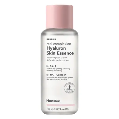 Hanskin Real Complexion Hyaluron Skin Essence

Hanskin Real Complexion Hyaluron Skin Essence (150 ml) is a moisturizing essence that quickly became very popular because it has an instant effect.

Benefits:
• Moisturizing effect for all skin types.
• Helps to achieve the &quot;glass skin&quot; effect.
• Acts as an all-in-one toner, essence and moisturizing lotion.
• Leaves the skin smooth, bright and elastic.
• Contains hyaluronic acid, elastin, collagen and Zostera Marina extract.
• Keeps the skin hydrated, balanced, velvety and shiny.
• Can be layered 2-3 times to increase hydration levels.

Active ingredients:
• Sodium hyaluronate: a form of hyaluronic acid that draws water into the skin
• Hydrolyzed Hyaluronic Acid: a form of hyaluronic acid that plumps, hydrates and brightens the skin
• Hydrolyzed Alginate: a type of algae that hydrates, balances sebum and soothes irritation
• Hydrolyzed Collagen: a form of collagen that keeps skin firm and supple
• Zostera Marina Extract: a type of sea grass that has antimicrobial properties and improves skin brightness

100% clean beauty:
• No parabens
• No dyes
• No artificial fragrance
• Alcohol-free

Skin type: Normal skin | Oily skin | Combination skin | Dry skin | Sensitive skin | Wrinkles and mature skin | All skin types
Routine: Day routine | Evening routine
Skin concerns: Dilated pores | Dehydration | Imperfections | Dry skin | Dull skin | Sensitive skin | Firmness
For: Women | Men | Unisex
Size: 150 ml