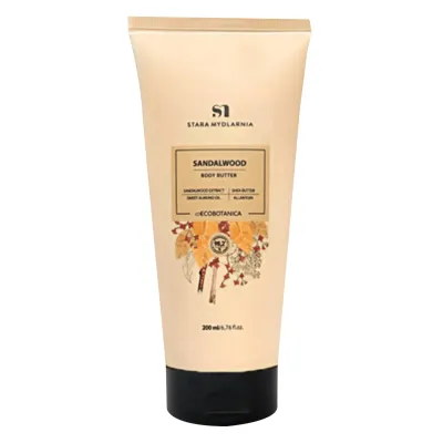 Stara Mydlarnia Sandalwood Body Butter

ECO-FRIENDLY | VEGAN ☆☆☆☆☆

Sandalwood Body Butter from Stara Mydlarnia (200 ml) is enriched with sandalwood wood extract, sweet almond oil and shea butter. The velvety texture with the scent of ripe and sweet grapes is perfectly absorbed, nourishes and cares the skin, leaving a protective layer. Oils, allantoin, panthenol, squalane and vitamin E bring back the comfort and smoothness of the skin. The grape extract has an antioxidant, moisturizing effect and improves skin&#39;s firmness. Used regularly, it prevents dehydration, thus limiting the aging process of the skin. Its formula contains 96.8% ingredients of natural origin.

Clean bodycare | Eco-friendly | Vegan
For: Women | Men | Unisex
