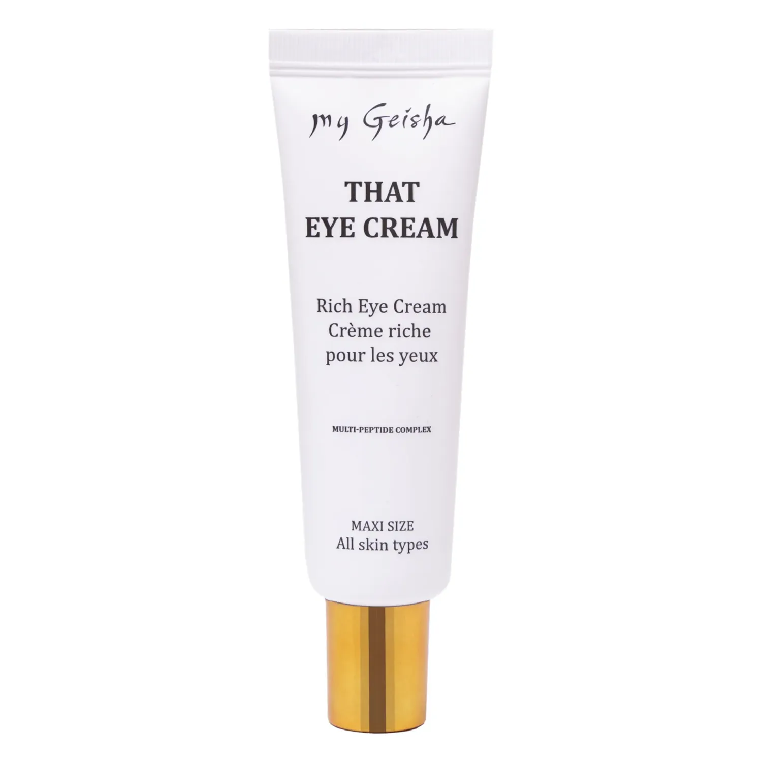 my Geisha - THAT Eye Cream

Discover THAT Eye Cream – designed especially for the sensitive eye area. It&#39;s a unique blend of Peptide Complex, Avocado Oil, Red Ginseng and Adenosine, making it your go-to for a youthful glow! Peptide Complex hydrates and plumps up the skin, reducing the appearance of fine lines and wrinkles. Avocado Oil further smooths out these lines, while Korean Ginseng protects your skin against harsh sunlight, adding an anti-aging benefit. Adenosine energizes your skin cells, keeping them fresh and lively.

THAT Eye Cream is not just a cream, it&#39;s a promise of beauty. It&#39;s a hybrid product with remarkable results!

From the first application: more hydrated and brighter skin, soft and smooth, fine lines are blurred, forms an invisible protective film against pollution and environmental factors.

After a few uses: prevents and treats wrinkles, provides a younger and firmer contour to the eyes, dark circles and bags are visibly reduced.

THAT Eye Cream is a must-have addition to your daily skincare routine.

Benefits:

Suitable for all ages and skin types.
Illuminates the skin, delivering a natural glow that brightens your complexion.
Combines peptides, Red Ginseng, and avocado oil for a complex anti-aging action.
The skin around the eyes is hydrated and revitalized throughout the day.
Redefines the contour of the eyes, offering added brightness and diminishing signs of fatigue.
Forms an invisible protective film against pollution and harmful environmental factors.
Minimizes the appearance of fine lines and wrinkles, offering a rejuvenated look.
Special formula that protects the skin from harmful environmental factors and digital fatigue caused by blue light.
Avocado oil and Red Ginseng nourish the skin, while Adenosine stimulates cell regeneration.
Recommended by dermatologists, with a hypoallergenic formula.
Maxi size 30 ml format
Order of use: 07 Eye care
Skin type: All skin types
Routine: Day routine | Evening routine
Skin concerns: Wrinkles | Dehydration | Dry skin | Dull skin | Sensitive skin | Firmness | Anti-aging
Size: 30 ml