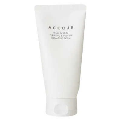 Accoje Vital In Jeju Time Repair Pure &amp; Peeling Cleansing Foam

Accoje Vital In Jeju Time Repair Pure &amp; Peeling Cleansing Foam cleanses delicate skin, preventing blackheads and acne. Active plant ingredients such as camellia extract, aloe vera and chamomile, remove impurities and clean pores without damaging the skin. In addition, its formula is based on pure water from the Jeju region, an aquifer water obtained from a depth of 420 m rich in minerals and trace elements.
Order of use: 01 Cleaning &amp; make-up removal
Skin type: Oily skin | Combination skin
Routine: Day routine | Evening routine
Skin concerns: Acne | Blackheads | Dilated pores | Excess sebum | Pigmentation spots | Dull skin
For: Unisex
Size: 150 ml