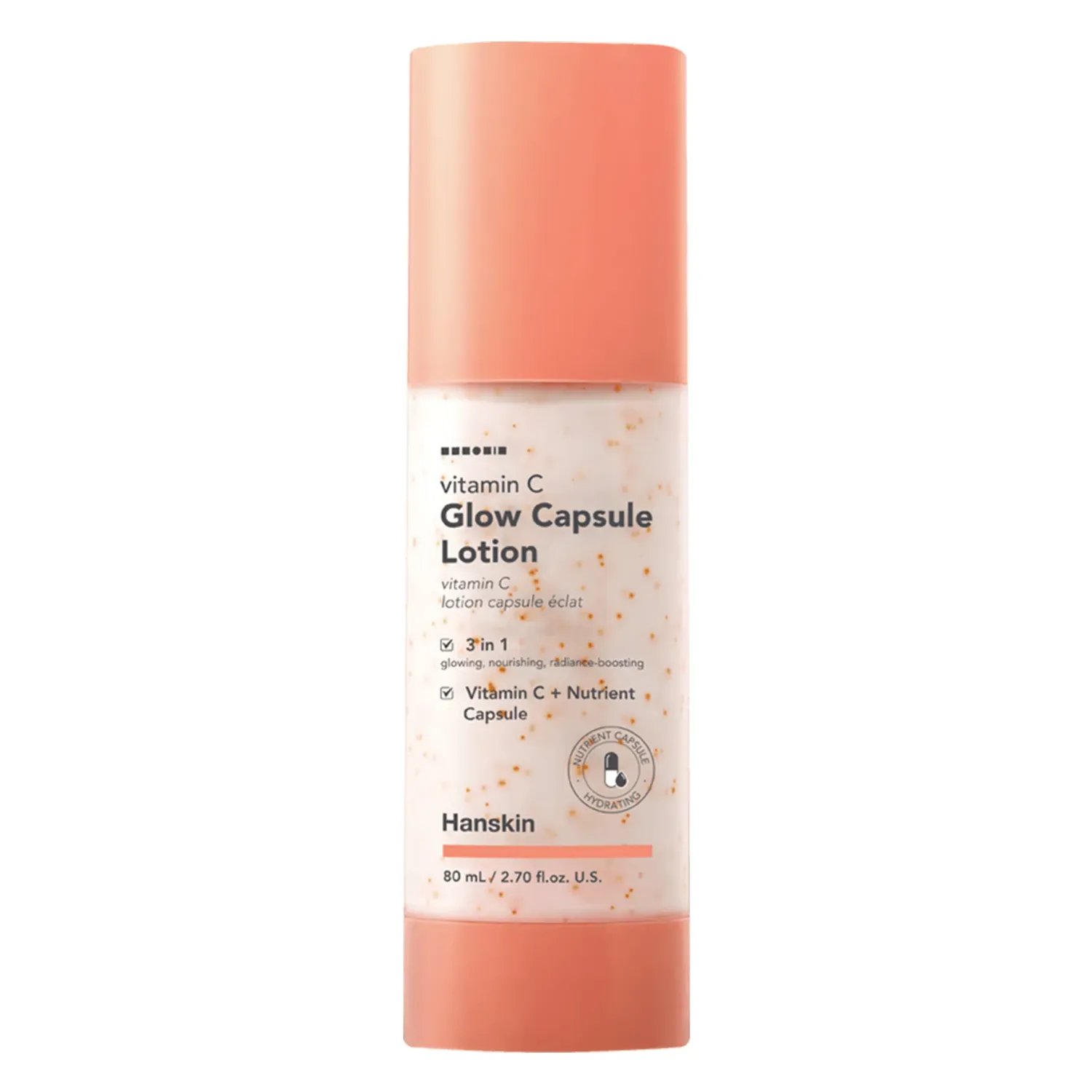 Hanskin Vitamin C Glow Capsule Lotion

Hanskin Vitamin C Glow Capsule Lotion (80 ml) is a light lotion that quickly hydrates the skin. Vitamin oil capsules melt on contact with the skin and help strengthen the hydrolipidic barrier. The lotion contains skin-balancing chlorella algae extract, vitamin C and tranexamic acid, which work together to promote radiance and even skin tone for added brightness and glow.

Benefits:
• Restores and strengthens the skin&#39;s moisture barrier
• Improves the appearance of dark spots and uneven skin tone
• Gentle formula is suitable for sensitive skin, yet effective in brightening the skin

Active ingredients:
• Chlorella Extract: Extracted from algae, this ingredient is rich in minerals and antioxidants that soothe and balance the skin.
• Vitamin C (Ascorbic Acid): Known for its powerful antioxidant properties, this ingredient will improve the appearance of fine lines, blemishes and uneven skin tone.
• Tranexamic Acid: This amino acid helps visibly lighten blemishes and uneven skin tone.

100% clean beauty
• No talc
• No sulfates
• Silicone free
• No artificial fragrances
Order of use: 08 Hydration
Skin type: All skin types | Wrinkles and mature skin | Sensitive skin | Dry skin | Combination skin | Oily skin | Normal skin
Routine: Evening routine | Day routine
Skin concerns: Firmness | Sensitive skin | Dull skin | Dry skin | Pigmentation spots | Imperfections | Dehydration | Wrinkles | Excess sebum | Dilated pores
For: Unisex | Men | Women
Size: 80 ml