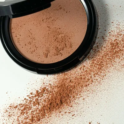 Close-up of a LORD &amp; BERRY peach-colored powder bronzer compact, with finely milled powder artistically spilling onto a clean white background. The image highlights the silky texture and warm tone of the bronzer, perfect for a radiant, sun-kissed glow. Discover premium makeup at mygeishamiltonkeynes.co.uk. #LORDandBERRY #PowderBronzer #MakeupEssentials