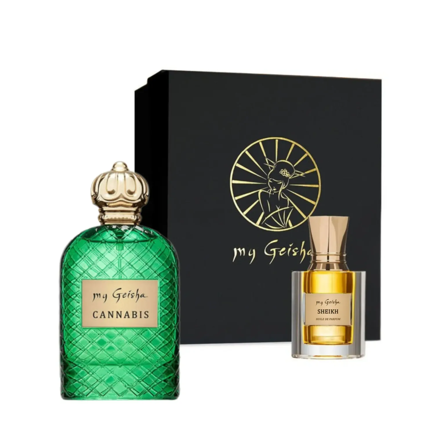 Luxury my Geisha Free Love Set featuring Cannabis Extract de Parfum and Sheikh Huile de Parfum Premium in elegant gift packaging, unisex bold fragrance duo for unique scent lovers.