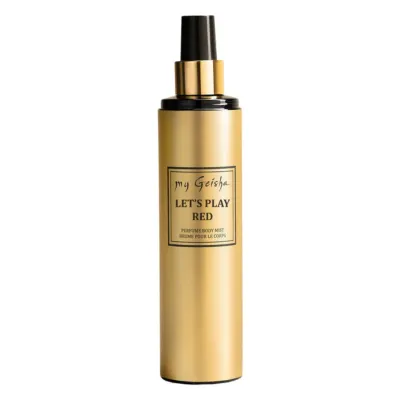 Let&#39;s Play Red Body Mist by my Geisha UK 250ml bottle - luxury body mist with rose, honey, coffee, and amber fragrance