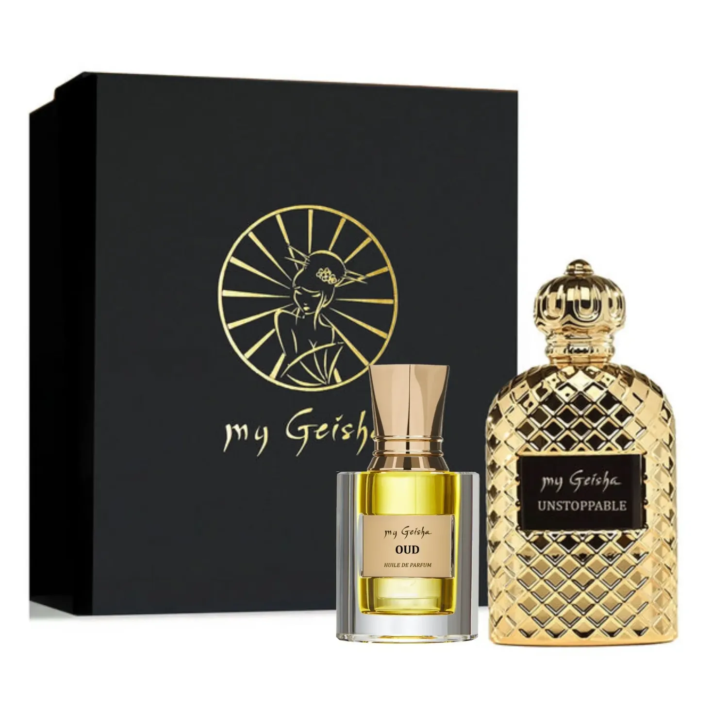 my Geisha Spicy Obsession Perfume and Oil Set featuring Unstoppable Extrait and Oud Huile de Parfum Premium Edition – luxury 