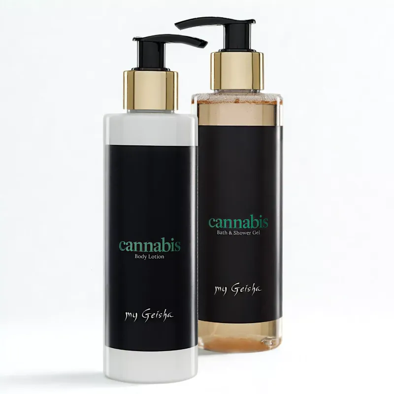 my Geisha Cannabis Body Lotion and Cannabis Bath and Shower Gel part of The Meridian Accord Set for Luxury Bodycare Ritual