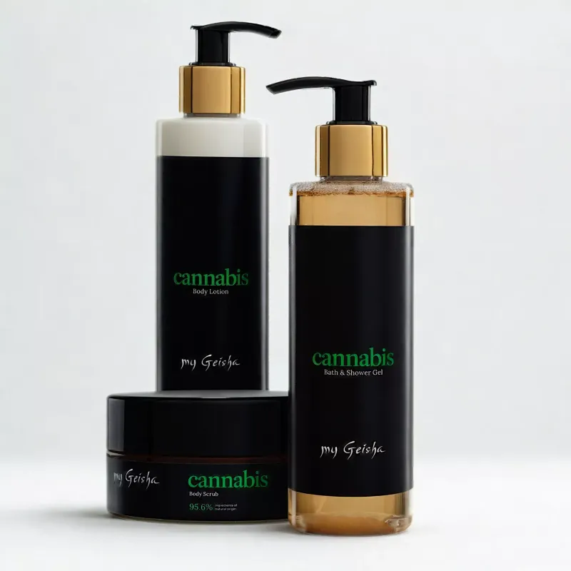 The Aureum Sequence Bodycare Set showing my Geisha Cannabis Luxury Shower Gel, Body Scrub and Body Lotion