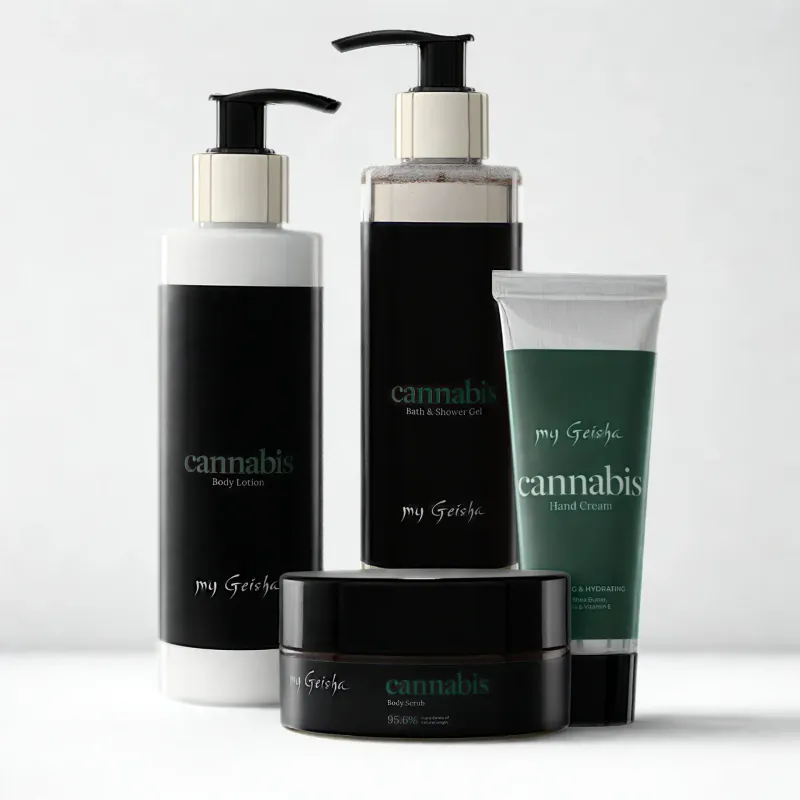 The Obsidian Bodycare Ritual by my Geisha showing Cannabis Body Scrub, Bath &amp; Shower Gel, Body Lotion and Hand Cream