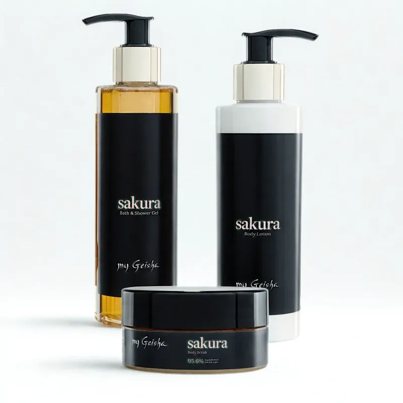 Sakura Ritual Set by my Geisha with Body Lotion, Body Scrub and Bath &amp; Shower Gel, featuring luxury packaging
